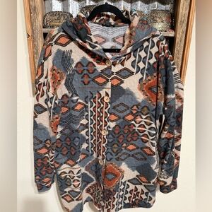Western print lightweight hooded cardigan